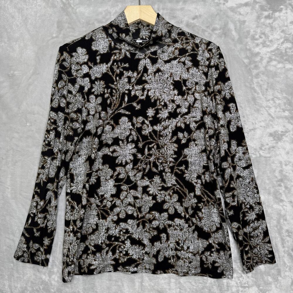 Chico's Shirt Womens M Black Floral Mock Neck Long Sleeve Stretch Knit Shimmer
